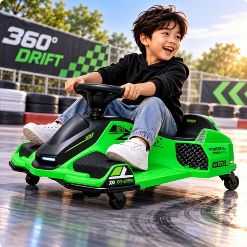 Funstuff Drift Rider 360 24V Electric Go Kart Green with EVA Rubber Wheels
