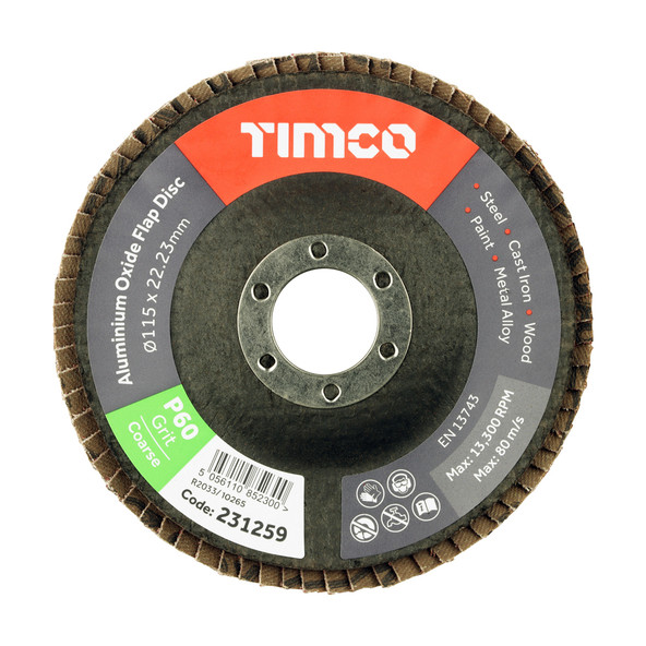 TIMCO Set of Flap Discs - Aluminium Oxide - Type 29 Conical - 60 Grit - 115 x 22.23 - Pack of 10