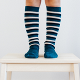 Lamington Knee High Length Wool Socks - Scout (deep lake blue, beige, navy)