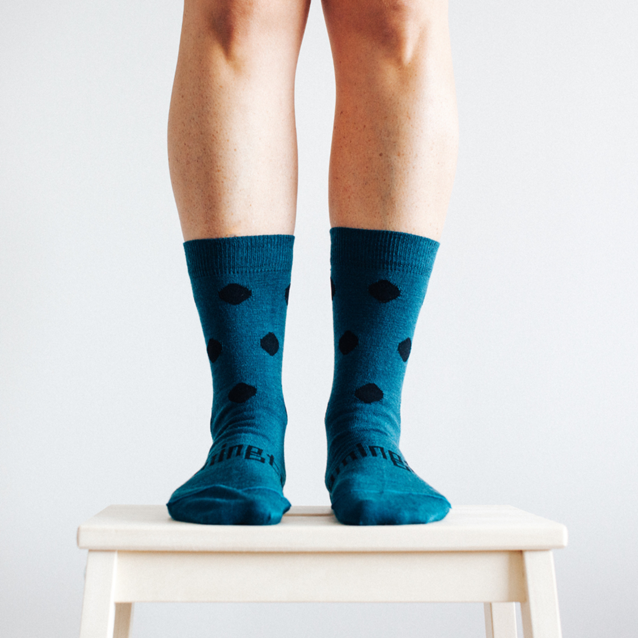 Lamington Crew Length Merino Wool Socks Woman - Lake (Deep Lake Blue with  Black Dots)