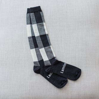 Lamington Knee High Length Wool Socks - Ash (Dark Grey and Natural Check) 