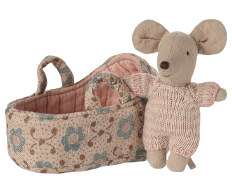 Maileg Baby Mouse in Carry Cot - Rose