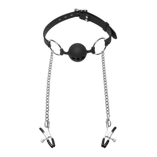 Hinder Breathable Silicone Ball Gag With Nipple Clamps