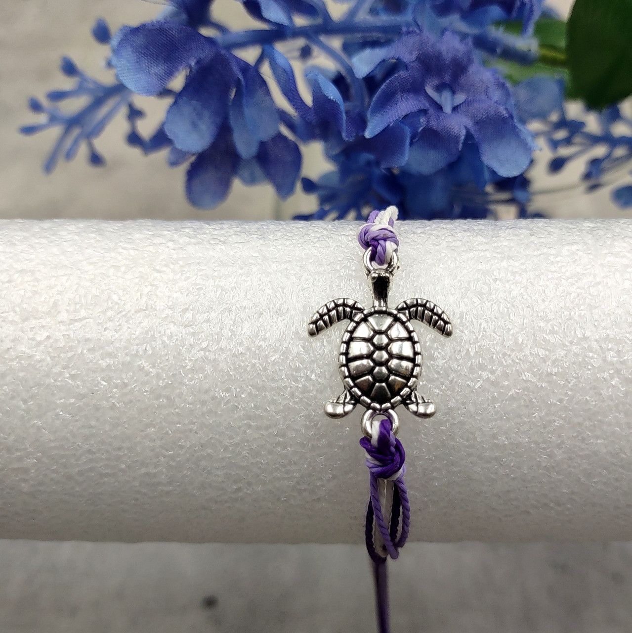 Sea Turtle Charm Bracelet Lavender Purple White Cord 5-7