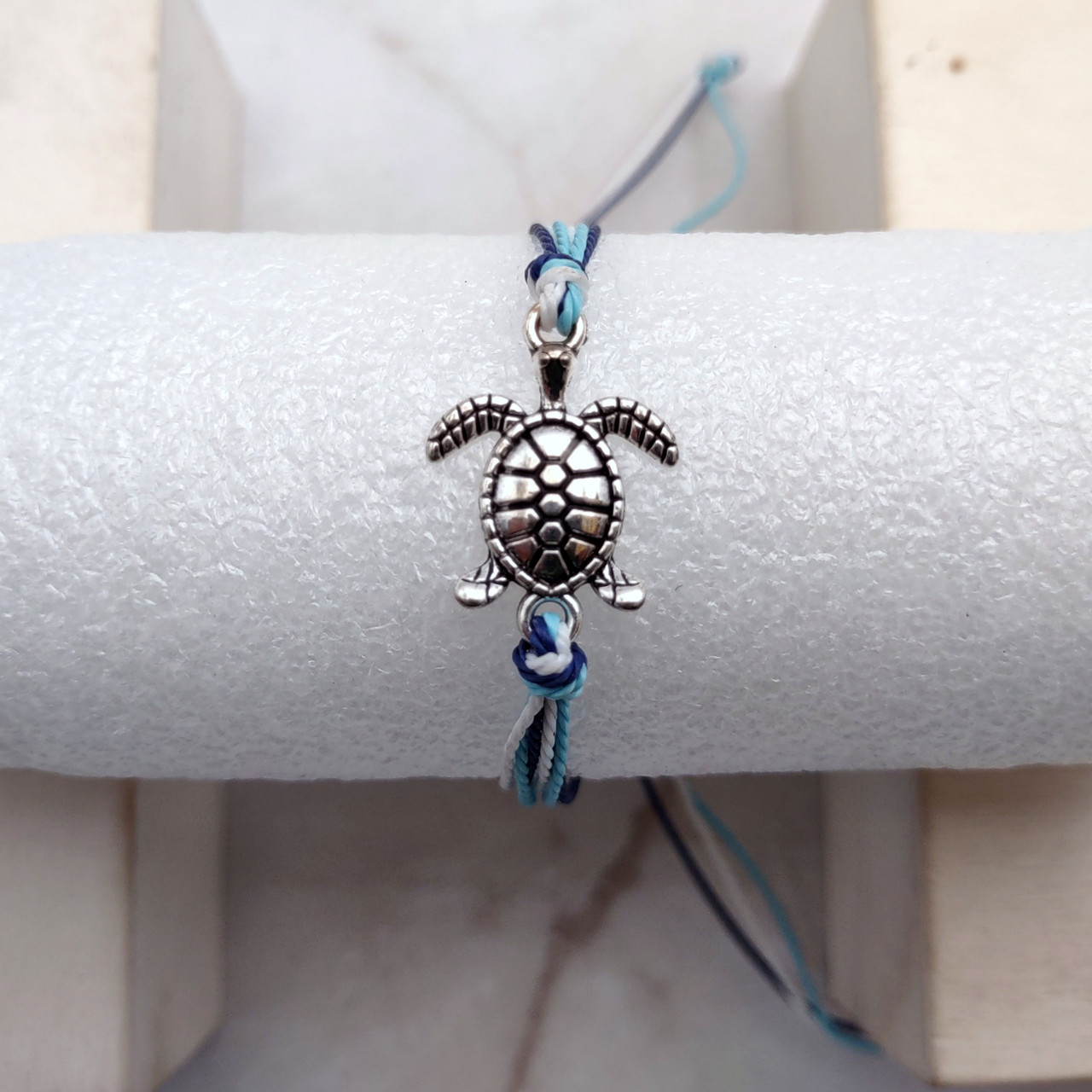 Sea Turtle Charm Bracelet Dark and Light Blue White Cord (approx