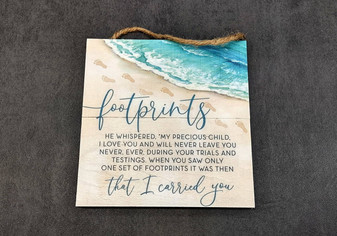 Beach Sign Inspirational Footprints Poem Painted Wood (1 sign approx. 7x7 inches) Sandy Footprints Sign for coastal home wall decoration!