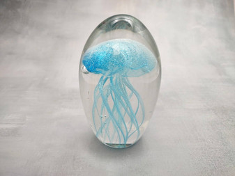 Jellyfish Glass Egg Light Blue Paperweight Glow In The Dark (1 figurine approx. 4.5 inches tall) Large Glass Sea Jellies make great gifts!