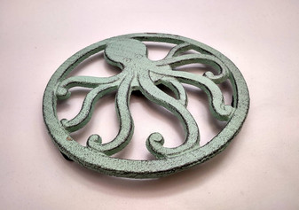 Octopus Trivet Cast Iron Green Weathered Hot Pad (1 trivet approx. 7 inch diameter) Green Metal Octopus Trivet for coastal dining table!