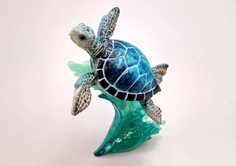 Blue Sea Turtle Figurine on Wave Painted Resin (1 turtle approx. 5+ inches) Blue Painted Resin Turtle on Wave for coastal home décor!
