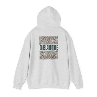 On Island Time Tiki Style Hoodie Navy and Brown (Unisex Heavy Blend Hooded Sweatshirt By Seashell Mart And Emporium)