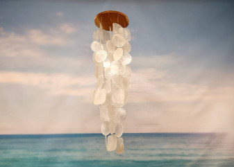 White Circle and Square Capiz Wind Chime Chandelier (1 chime approx. 20 x 5.25 inches) Natural Capiz Wind Chime for coastal home décor! Copyright 2025 SeaShellSupply.com.