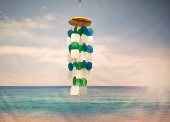 Aqua White Green Capiz Wind Chime (1 chime approx. 18 x 5.5 inches) Circle Square White Aqua Capiz Wind Chime for coastal home decoration! Copyright 2025 SeaShellSupply.com.