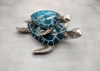 Blue Silver Sea Turtle Pair Resin Figurine (1 turtle approx. 6.5 inches long) Blue Silver Sea Turtle Pair Figure for coastal home décor!