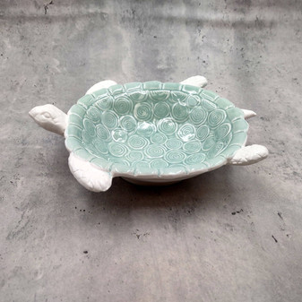Sea Turtle Light Green White Bowl (1 dish approx. 7+ inches) Green White Sea Turtle Ceramic Dish for gifting jewelry trinkets & candy! Copyright 2025 SeaShellSupply.com.