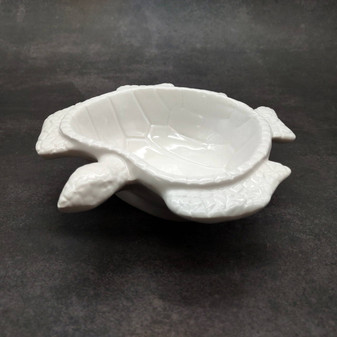 Sea Turtle Glossy White Ceramic Plate (1 dish approx. 6.75+ inches wide) White Turtle Dish for coastal table display & nautical decor! Copyright 2025 SeaShellSupply.com.