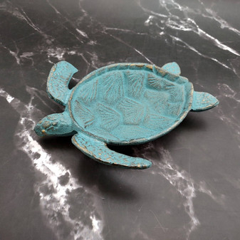 Cast Iron Sea Turtle Blue Metal Dish (1 dish approx. 7+ inches wide) Blue Metal Sea Turtle Plate adds coastal charm to kitchen & home! Copyright 2025 SeaShellSupply.com.
