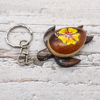 Yellow Hibiscus Painted Wooden Sea Turtle Keychain (1 key fob approx. 4.25+ inches) Wooden Sea Turtle Keychain for gifting or party favors!