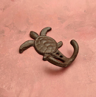 Cast Iron Sea Turtle Wall Hooks Brown Patina (1 metal hook approx. 4.75+ inches) Brown Sea Turtle Double Wall Hook for coastal decor! Copyright 2025 SeaShellSupply.com.