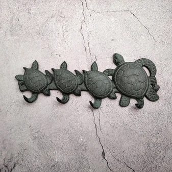 Sea Turtle Family Wall Hook Rack Cast Iron Green Patina (1 hook rack approx. 10 inches) Green Sea Turtle Hook Rack for coastal decor!