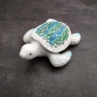 Beach Glass Sea Turtle Blue Green Mosaic Shell Figurine (1 sea turtle approx. 5.5 inches long) Glass Mosaic Shell Sea Turtle for home decor! Copyright 2025 SeaShellSupply.com.