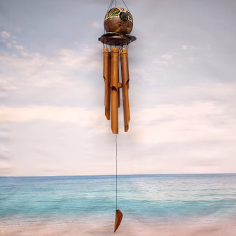 Hand Painted Coconut Sea Turtle Chime Green Orange Dot Design (1 windchime approx. 38 x 6.5 inches) Hanging Turtle Chime for patio decor!