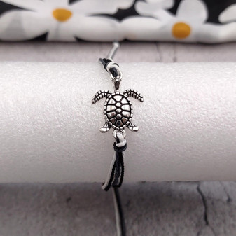 Sea Turtle Charm Bracelet Black Grey White Cord (approx. 5-7+ inches AROUND) Black Grey Sea Turtle String Bracelet Jewelry for gifting!