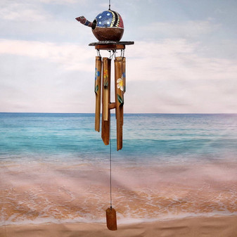 Painted Coconut Sea Turtle Bamboo Wind Chime Red Dot (1 chime approx. 30 x 5 inches) Hanging Painted Sea Turtle Chime for patio decor! Copyright 2025 SeaShellSupply.com.