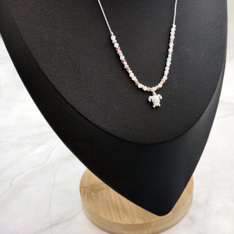 Sea Turtle Charm Necklace Pink Peach White Beads Silver Color (approx. 14+ inches AROUND) Sea Turtle Necklace Jewelry for seaside wear!