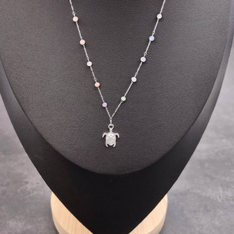 Sea Turtle Charm Necklace Delicate Pink Purple Beads Silver Color (approx. 14+ inches AROUND) Silver Sea Turtle Chain for resort wear! Copyright 2025 SeaShellSupply.com.