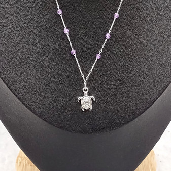 Sea Turtle Charm Necklace Delicate Purple Beads Silver Color (approx. 14+ inches AROUND) Violet Silver Sea Turtle Chain for resort wear! Copyright 2025 SeaShellSupply.com.