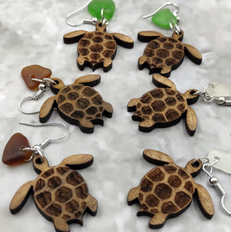 Wooden Sea Turtle Sea Glass Earrings (2 earrings approx. 1+ inches) Wood Sea Turtle Earrings Man Made Seaglass for beach fashion & gifts!