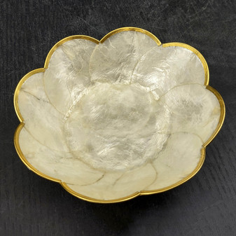Gold Edged Round Capiz Shell Bowl (One shell dish approx. 6+ inches) Small elegant coastal accent dish for collecting home décor & display!