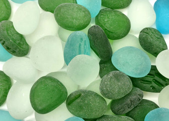 Beach Glass - Rounded Blue, Green & White Assorted Pebbles - (approx. 1 Kilogram/2.2 lbs. 1-1.5 inches). Multiple colored pebbles in a pile. Copyright 2025 SeaShellSupply.com.