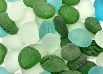 Beach Glass - Rounded Blue, Green & White Assorted Pebbles - (approx. 1 Kilogram/2.2 lbs. 1-1.5 inches). Multiple colored pebbles in a pile. Copyright 2025 SeaShellSupply.com.