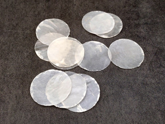 Capiz Round Cut Shells Placuna Placenta (10 approx. 1.5+ inches) Perfect shells for coastal crafting décor & collections! white translucent round thin sheets. Copyright 2024 SeaShellSupply.com