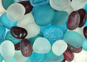 Beach Glass - Rounded Blue, Purple & White Assorted Pebbles - (approx. 1 Kilogram/2.2 lbs. 1-1.5 inches). Multiple colored pebbles in a pile. Copyright 2022 SeaShellSupply.com.