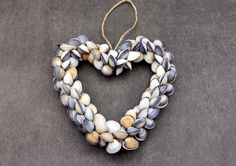 Purple Clam Seashell Heart Wreath Cay Cay Shells (approx. 6+ inch heart 0.75+ inch shells) Nautical Valentine\'s Day Party Gift Home Décor! Perfect heart ornament or hanging gift for any ocean lover. Copyright 2024 SeaShellMart101.com