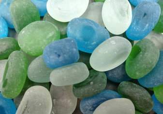 Beach Sea Glass Rounded White Blue Green Assorted Tumbled Pebbles (approx. 10 pounds 1+ inch) Copyright 2024 SeaglassSupply.com