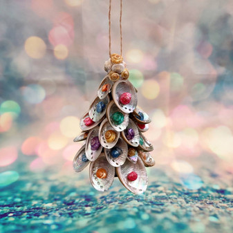Colorful Abalone Christmas Ornament Tree Decoration (1 tree decoration approx. 5+ inches) Real Baby Abalone Xmas Hanging Ornament! Copyright 2025 SeaShellSupply.com.