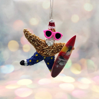 Surfing Santa Starfish Ornament (1 seastar approx. 5+ inches) Real Festive Starfish Xmas Hanging Ornament! Copyright 2025 SeaShellSupply.com