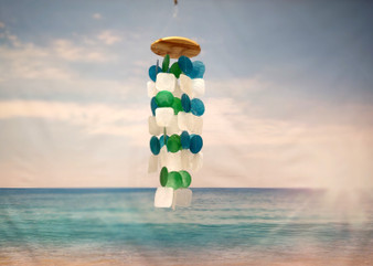 Aqua White Green Capiz Wind Chime (1 chime approx. 18 x 5.5 inches) Circle Square White Aqua Capiz Wind Chime for coastal home decoration!