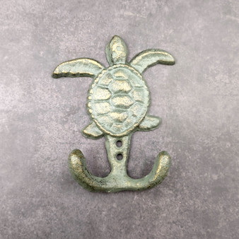 Cast Iron Sea Turtle Wall Hooks Green Gold Patina (1 metal hook approx. 4.75+ inches) Green Sea Turtle Double Wall Hook for coastal decor! Copyright 2025 SeaShellSupply.com.