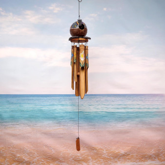 Painted Coconut Sea Turtle Bamboo Windchime Blue Dot (1 chime approx. 30 x 5 inches) Hanging Painted Sea Turtle Chime for patio decor! Copyright 2025 SeaShellSupply.com.