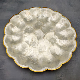 Round Capiz Shell Dish Gold Scalloped Edge (One shell dish approx. 10+ inches) Scallop Edged Round Capiz Shell Dish for any coastal home! Copyright 2025 SeaShellSupply.com.
