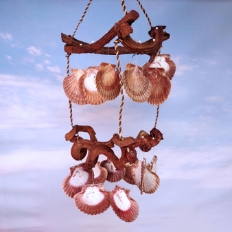 Rustic Driftwood Scallop Seashell Wind Chime (1 chime approx. 9 x 21 inches) Natural brown scallop shell wind chime for home decor!