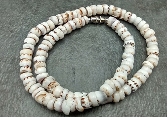 Tiger Puka Shell Necklace (16" x 5-6mm). Two white shell necklaces. Copyright 2022 SeaShellSupply.com.