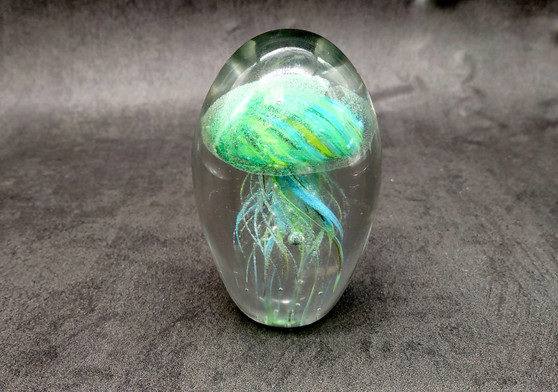 Jellyfish Glass Egg Green Yellow Blue Paperweight Glow In The Dark (1 figurine approx. 4.5 inches tall) Glass Sea Jellies make great gifts! Jellyfish Glass Egg Green Yellow Blue Paperweight Glow In The Dark (1 figurine approx. 4.5 inches tall) Glass Sea Jellies make great gifts!