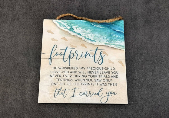 Beach Sign Inspirational Footprints Poem Painted Wood (1 sign approx. 7x7 inches) Sandy Footprints Sign for coastal home wall decoration!