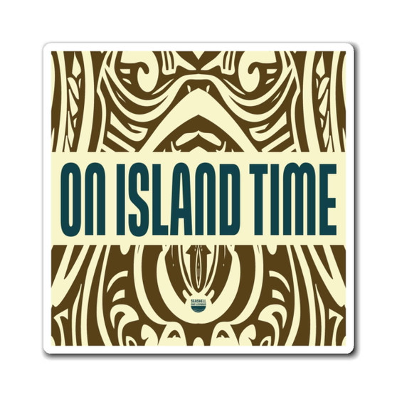 Island Time Tiki Design Square Magnet (Indoor Vinyl Beach Magnet By Seashell Mart And Emporium) - 3 sizes