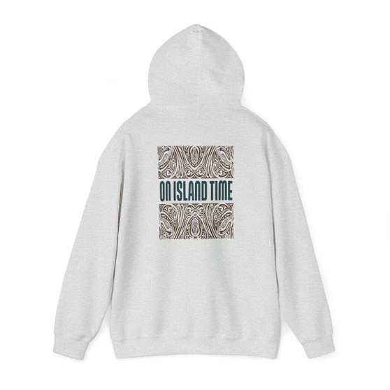 On Island Time Tiki Style Hoodie Navy and Brown (Unisex Heavy Blend Hooded Sweatshirt By Seashell Mart And Emporium)